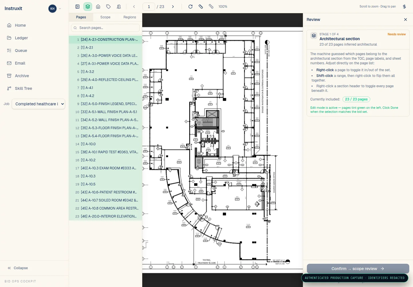 Sanitized Instruxit plan review cockpit with construction drawing and scoped regions
