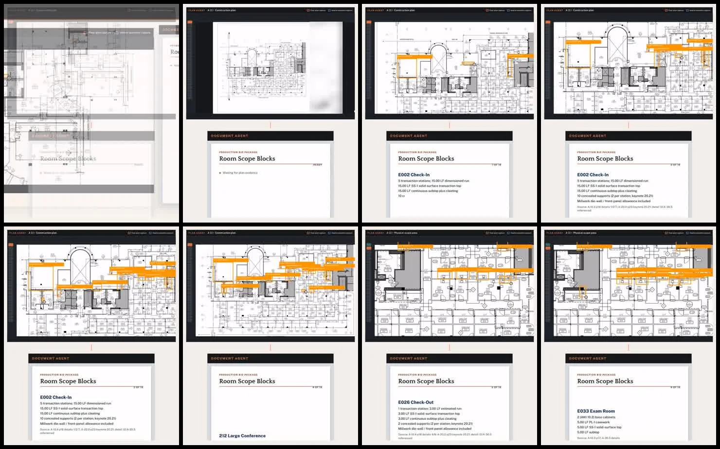 Sequence of source-linked plan regions and generated room scope blocks