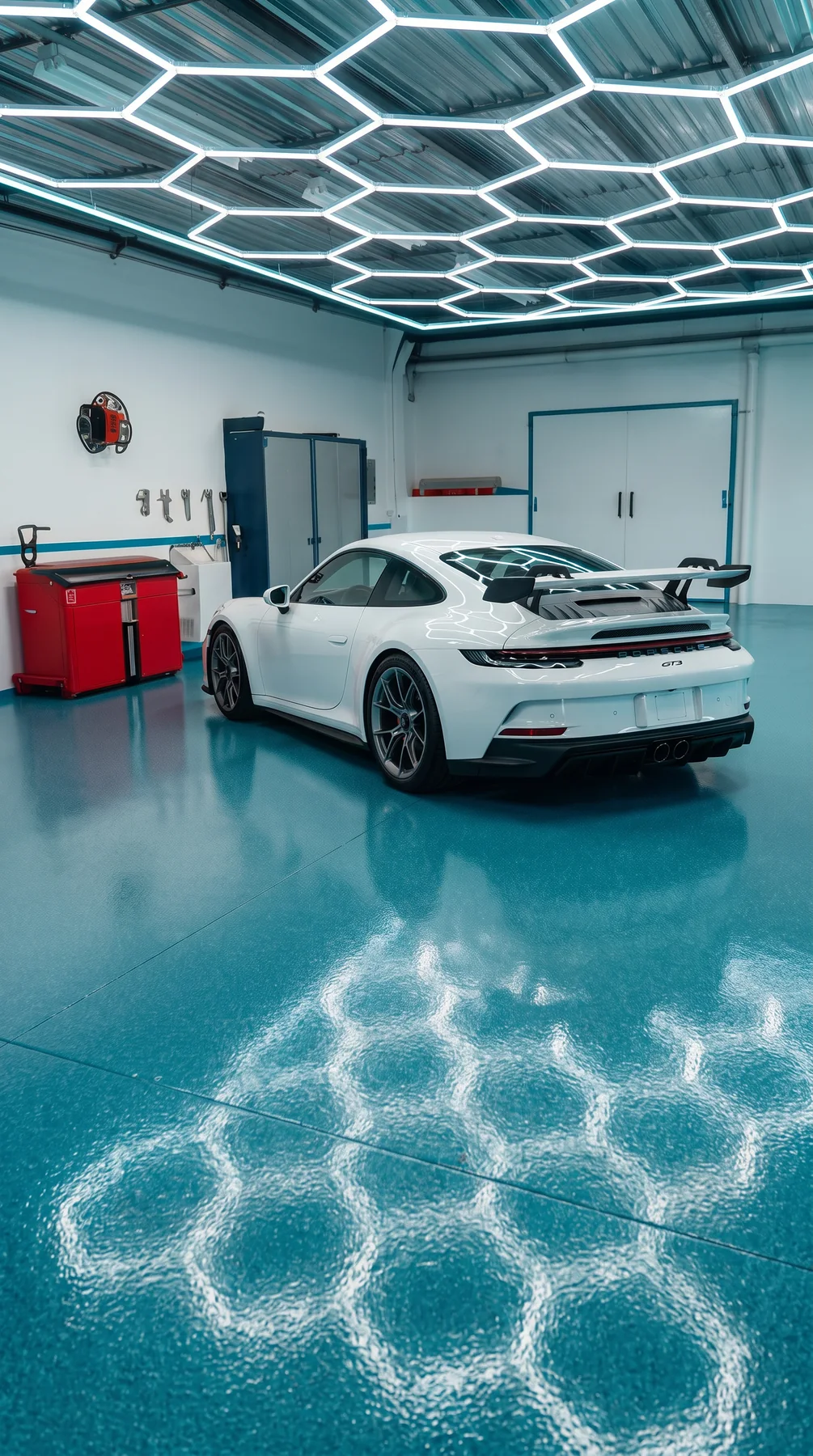 Generated Porsche garage concept media for Surf City Epoxy